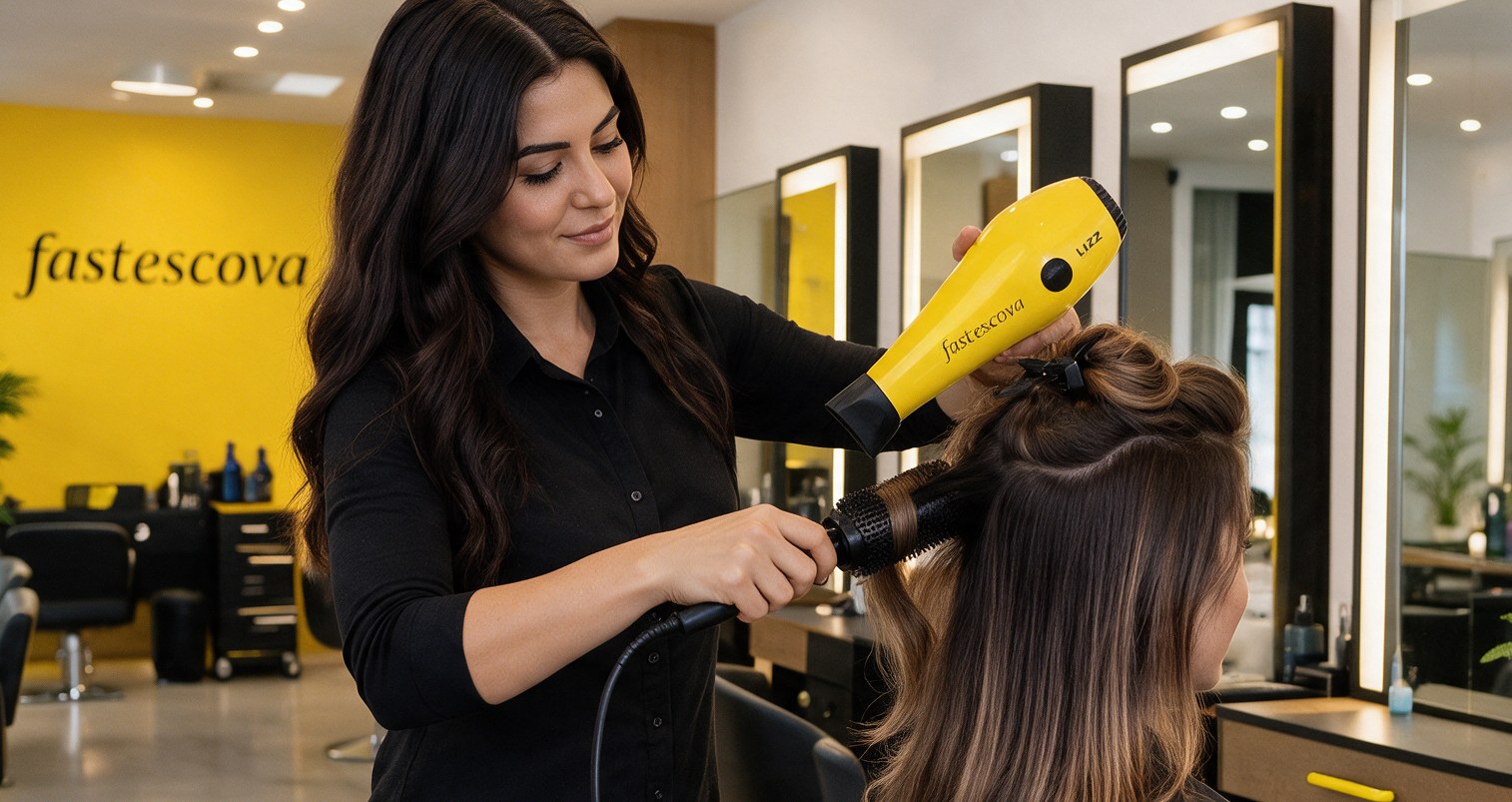 Profissional de camisa preta secando o cabelo de uma cliente com secador amarelo